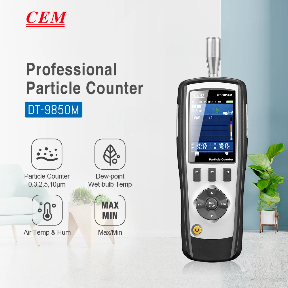 CEM DT-9850M Professional Handheld 2.83 Lmin Flow Rate Air Laser PM0.3 PM2.5 PM10 um Particle Counter CEM DT-9850M Professional Handheld 2.83 Lmin Flow Rate Air Laser PM0.3 PM2.5 PM10 um Particle Counter